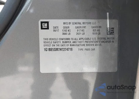 2017 Chevrolet Cruze Lt Auto z USA, uszkodzony, nr VIN 1G1BE5SM7H7274718